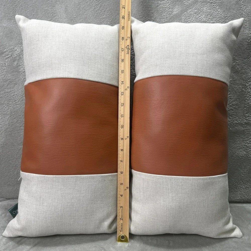 Set of 2 MCM Style Lumbar Throw Pillows Ivory Linen Faux Leather Minimalist